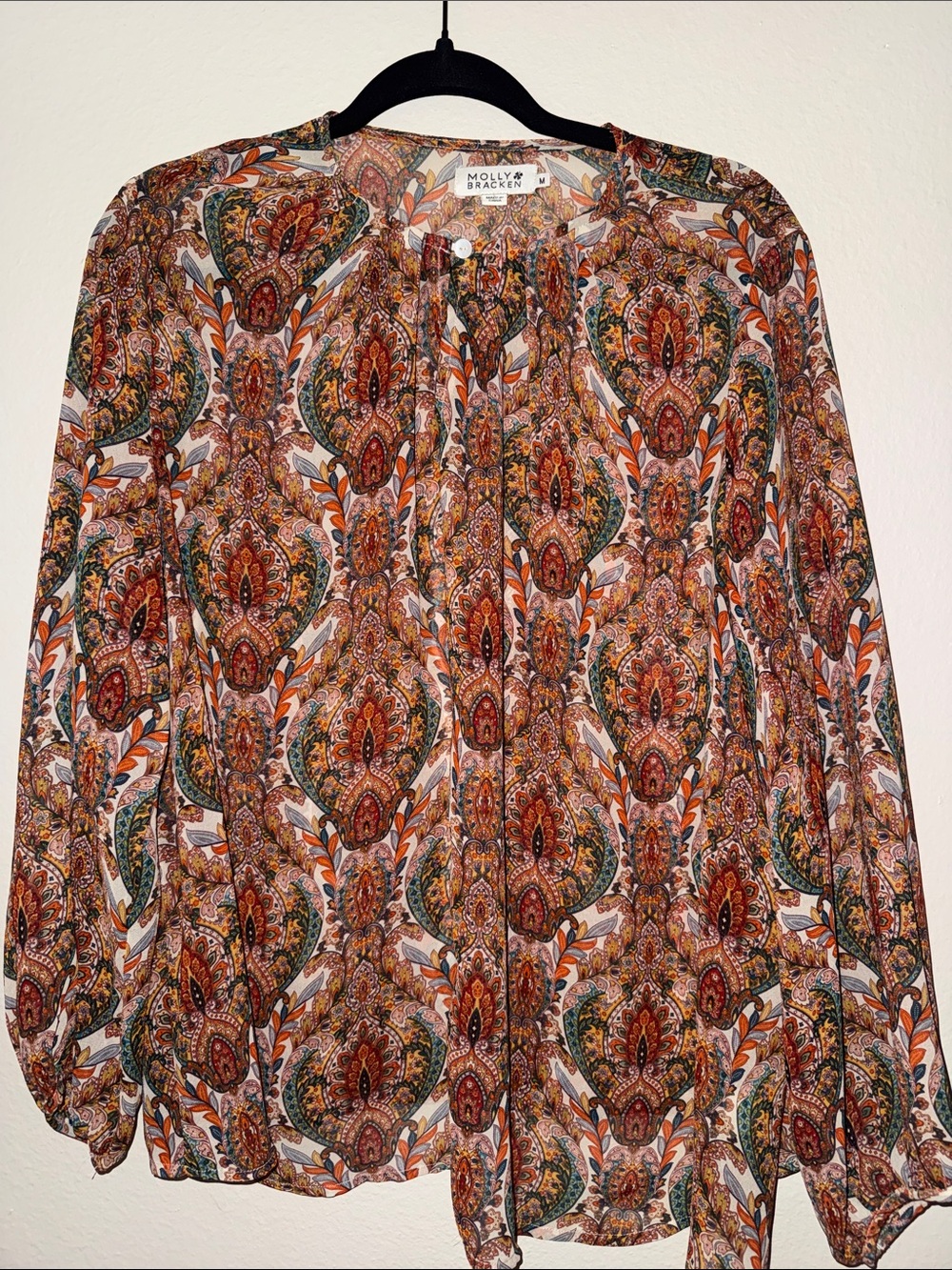 Molly Bracken Paisley Print Tie-Neck Blouse in Brown and Orange